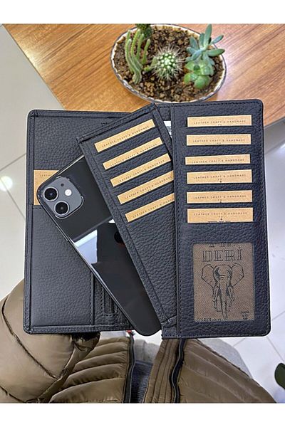 Fil Deri Genuine Leather Black Wallet - Phone Compartment, Multi-Compartment, Card Holder, 2027 Model