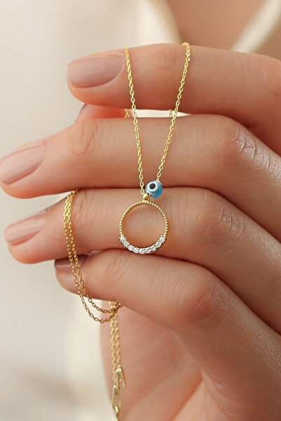 Silvano Jewelry 925 Ayar Gold Zirkon Taşlı Nazarlı Halka Gümüş Kolye