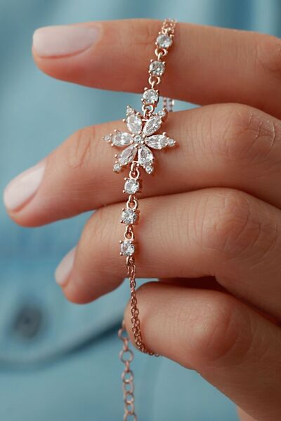 Silvano Jewelry 925 Ayar Rose Beyaz Taşlı Lotus Gümüş Bileklik