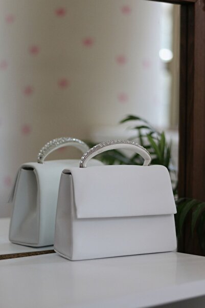 Moom Bag Γυναικείο Λευκό Βραδινό Φόρεμα τσάντα ώμου με πέτρινη λεπτομέρεια