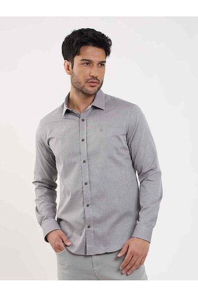 Dufy Men's Slim Fit Patterned Brent Collar Shirt - Long Sleeve, Brown -100069