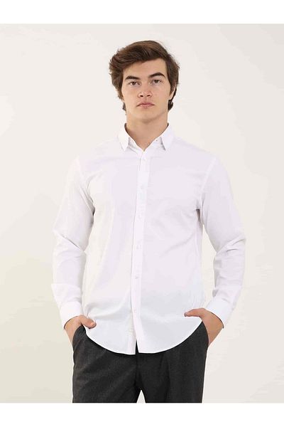 Dufy White Men's Slim Fit Checked Bottom Buttoned Collar Long Sleeve Shirt - 97906