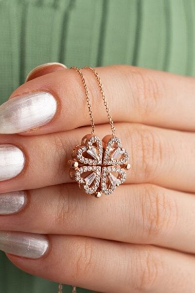 Muhteşem Silver 925 Ayar Gümüş Mıknatıslı Ayrılabilir 4 Kalpli Yonca Kolye