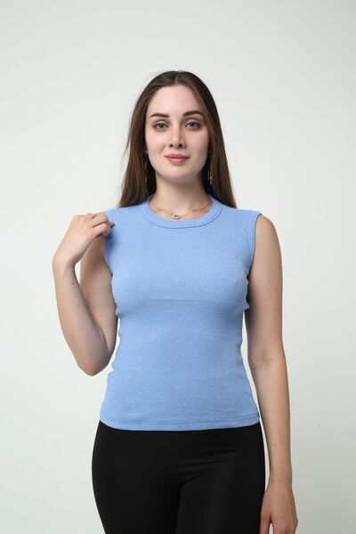 VAN SCHENDEL Baby Blue Corded Women's Tank Top - Crew Neck, Comfortable and s...