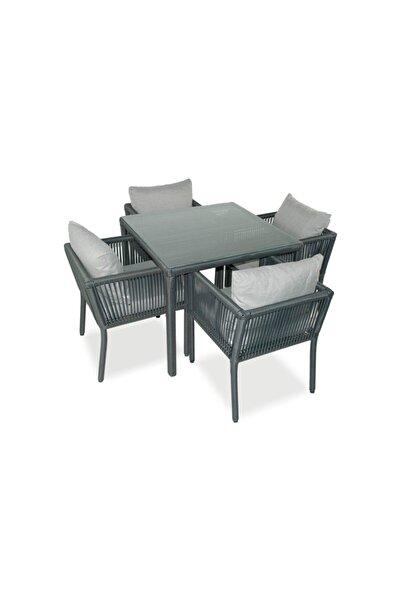 VAVRATTAN Vera Kare Rattan Bahçe Balkon 4 Kişilik Yemek Takımı-Taş Gri