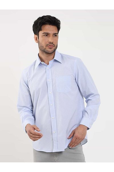 Dufy Light Blue Men's Regular Fit Checkered Classic Lapel Long Sleeve Shirt - 91724