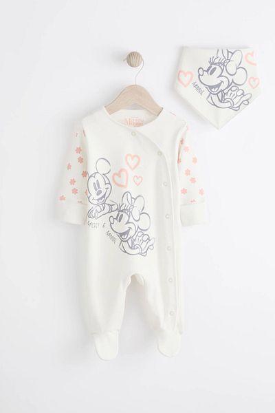 Next Baby Minnie Mouse Patterned 100% Organic Cotton 2-piece Jumpsuit and Hat Set - Cream