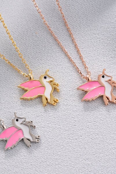 Silvano Jewelry 925 Ayar Gold Mineli Pembe Mineli Unicorn Gümüş Kolye