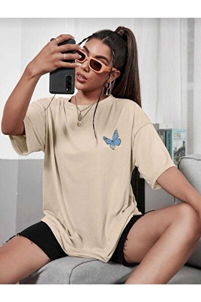 NO 601 Tricou oversize bej - damă, imprimat cu fluturi pe spate