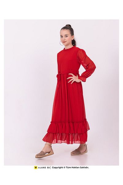 RAMON&ARTOS Fusta cu mânecă lungă din tulle Rochie de fetiță din sifon adunat in straturi