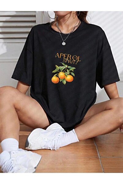 NO 601 تي شيرت نسائي أسود كبير الحجم مطبوع من Aperol