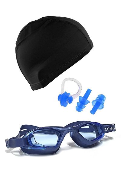 Tosima Adult Silicone Swimming Goggles Li,kra Bonnet Earplug and Nose Clip Set Full Set