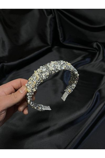 MegssStore Корона/лента за коса от сиво-бял естествен камък