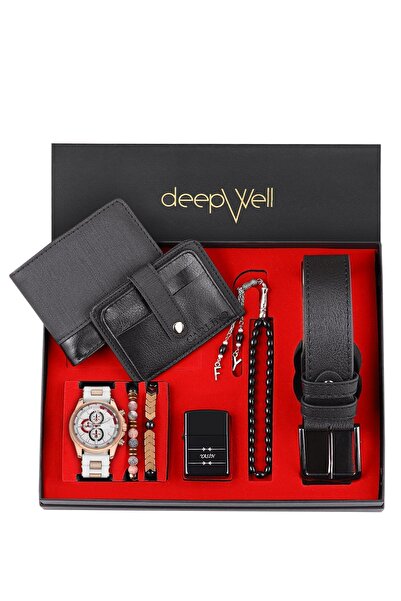 DEEPWELL Erkek Kol Saati Kemer Kartlık Cüzdan Tespih Bileklik Ve Çakmak Seti ...