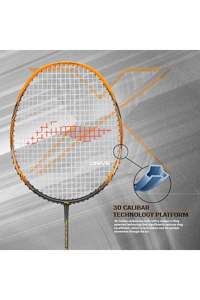 Li-Ning مضرب 3D Calibar X Drive Carbon Graphite Strung، 82 جرامًا مجانيًا بغطاء كامل (رمادي غامق/ذهبي)