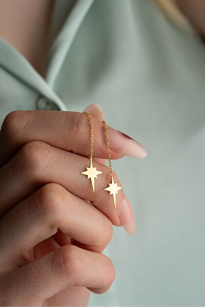 Nereze 925 Ayar Gümüş Gold Kaplama Kutup Yıldızı Zincir Küpe