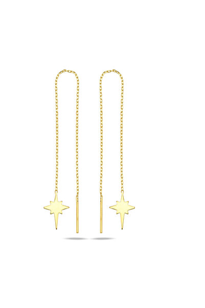 Nereze 925 Ayar Gümüş Gold Kaplama Kutup Yıldızı Zincir Küpe