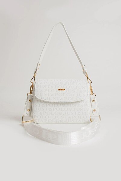 Just Polo حقيبة كتف نسائية بحزام عمودي منقوش باللون الأبيض مكونة من 3 أقسام 2...