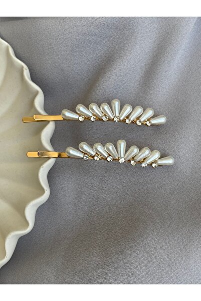 TwinsSis Store Badem İnci ve Taş Detaylı Gold Tel Toka