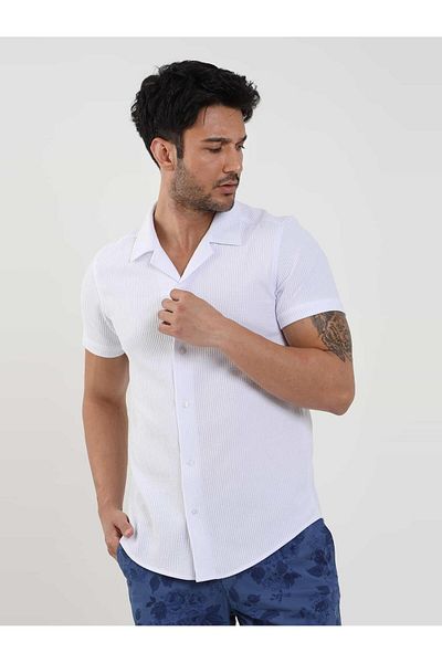 Dufy Ανδρικό λευκό πουκάμισο Slim Fit - Κοτλέ γιακά, κοντό μανίκι - 107448