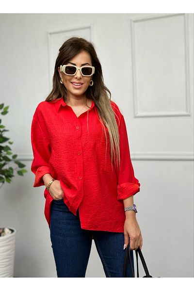 HARMONY GLOBAL Red LinenOversizeShirt - Long and Pleated Back, Loose Fabric 5042