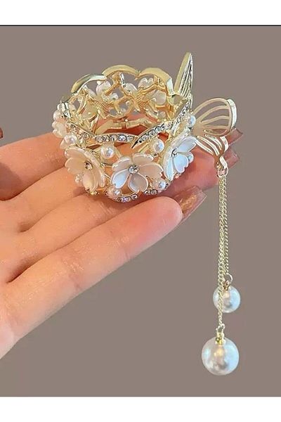 miatamer Agrafă de păr elegantă cu perle artificiale și decor floral Accesoriu de Anul Nou, cadou de Crăciun