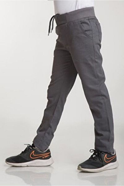 OKULCA Gray Ribbed Waist Lycra Canvas School Trousers