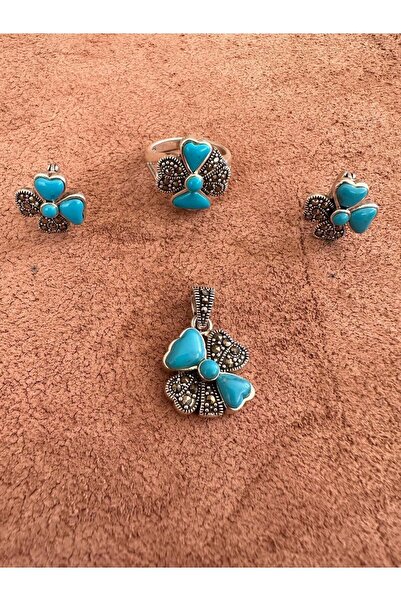 Aysesa Otantik Markazit Kadın Gümüş Set Takım (2 KÜPE KOLYE YÜZÜK) 925 Ayar 1...