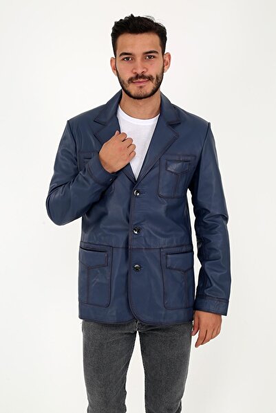 DERİNSS Der233 Hakiki Deri Erkek Mavi Mont