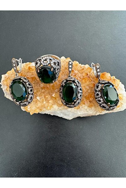 Aysesa Otantik Yeşim Taşlı El Yapımı Kadın Gümüş Set Takım (2KÜPE KOLYE YÜZÜK...