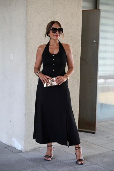 GAMZE ALPTEKİN Black Combed Cotton Dress - Button Detail and Halter Neck