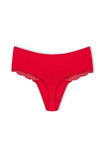 HNX Red Cotton Lace Front High Waist Large Size Thong Women's Panties