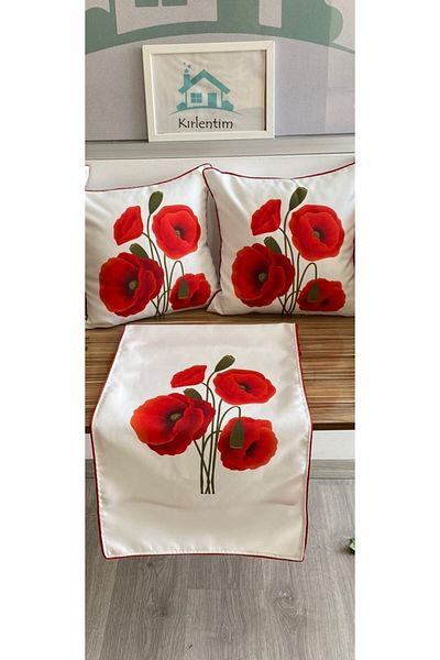 KIRLENTİM 3pcs-d150 Poppy flower Patterned - Ribbed Edge and Digital Printed Double Sided Throw Pillow Cover