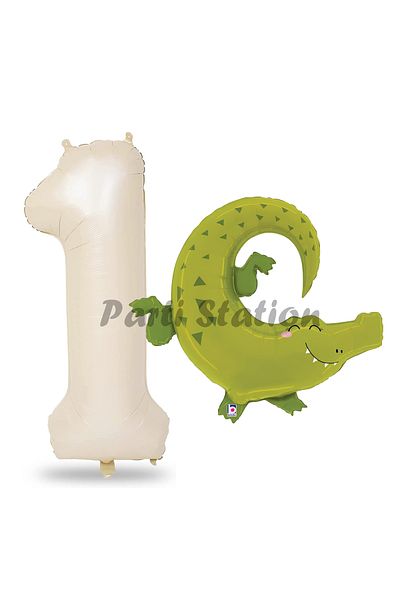 Parti Station 1 Year Old Birthday Safari Crocodile Balloon Set - Cream Color Number