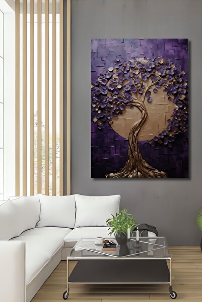 Teona Ahşap Dekoratif Ahşap Tablo Soyut Kabartma Mor Yapraklı Altın Ağaç
