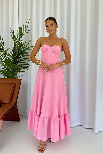 Mine Tan Butik Ροζ φόρεμα με δέσιμο στους ώμους με λεπτομέρεια και λαβή