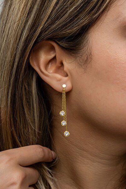 Nereze 925 Ayar Gümüş Gold Kaplama Sallantılı 3'Lü Zirkon Taşlı Küpe