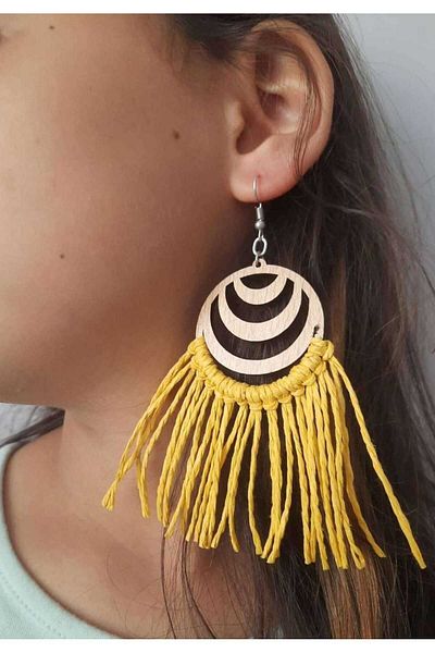 İMREN AKSESUAR Handmade Wooden Polyester String Braided Earrings