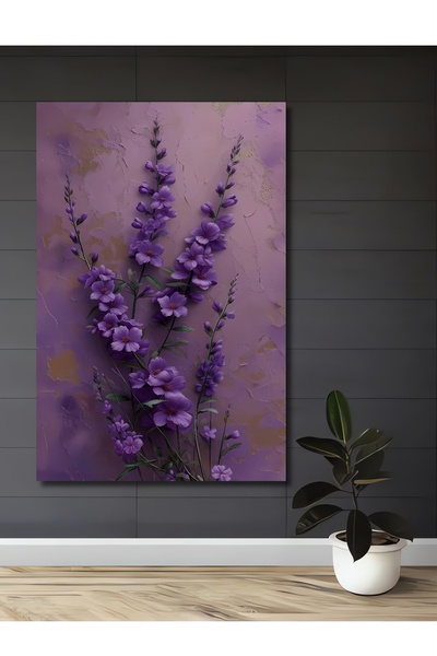 Teona Ahşap Dekoratif Ahşap Tablo Soyut Çizim Mor Çiçekler Duvar