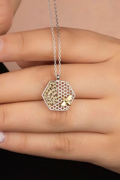 Silvano Jewelry 925 Ayar Rodyum Arılı Petek Gümüş Kolye