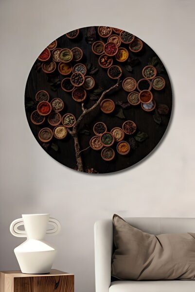 Teona Ahşap Dekoratif Yuvarlak Ahşap Tablo Ağaç Dalı ve Baharatlar Mutfak