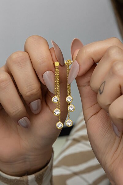 Nereze 925 Ayar Gümüş Gold Kaplama Sallantılı 3'Lü Zirkon Taşlı Küpe