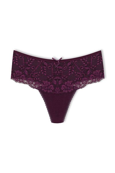 HNX Purple Cotton Lace Front High Waist Large Size Thong Women's Panties