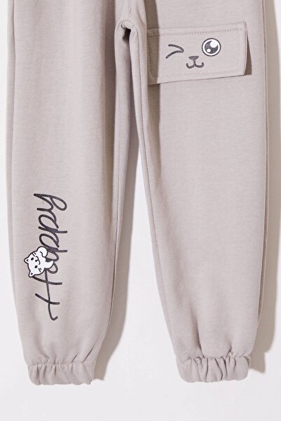 Cansın Mini 1-4 Years Old Girl's Sweatpants - Beige Cat Printed, Pocketed 19022