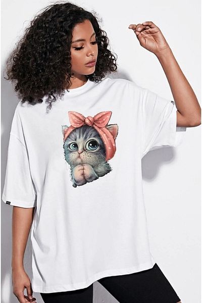 Pasage Μπλουζάκι Little Cat Printed White Boyfriend Oversize - Cute Cotton, Crew Neck