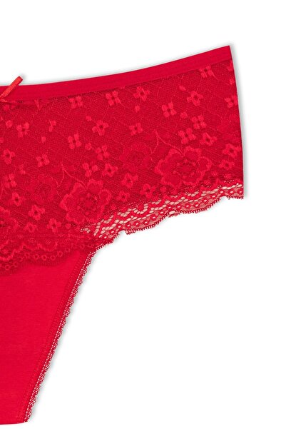 HNX Red Cotton Lace Front High Waist Large Size Thong Women's Panties