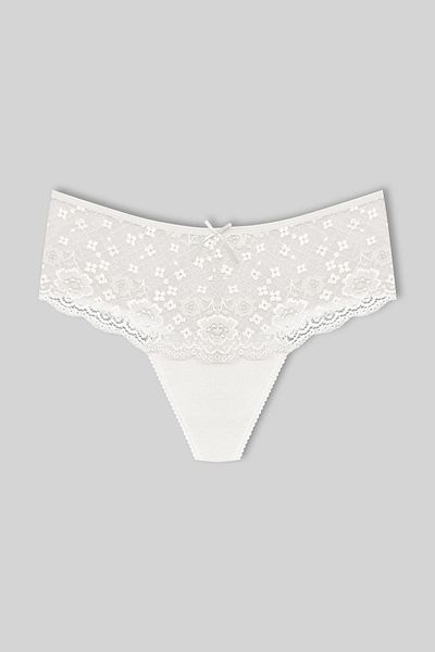 HNX Ecru Cotton Lace Front High Waist Large Size Thong Women's Panties