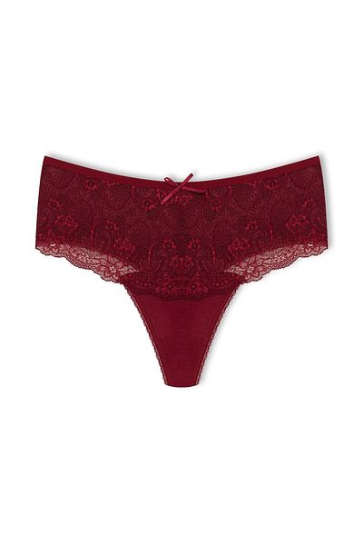 HNX Burgundy Cotton Lace Front High Waist Large Size Thong Women's Panties