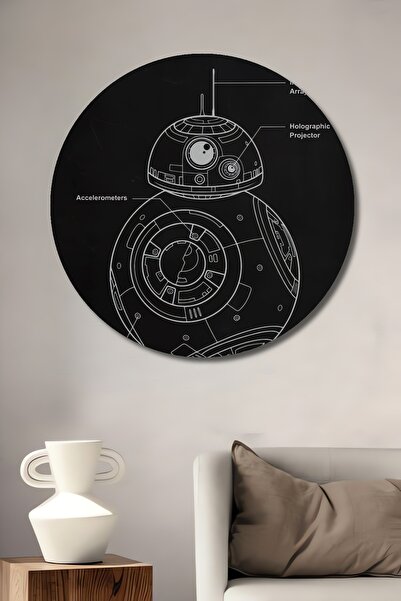 Teona Ahşap Dekoratif Yuvarlak Ahşap Tablo BB-8 Droid Star Wars Kara Tahta Çi...