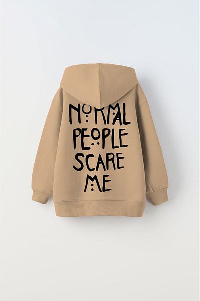 The Champ Clothing Hooded Fleece Normal People Scare Me Printed Beige Unisex Παιδική φούτερ με κουκούλα